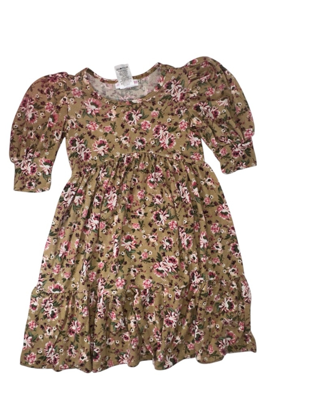 Bonnie Jean Girls Dress Size 6X Floral Puff Sleeve Yellow Tan Cottagecore